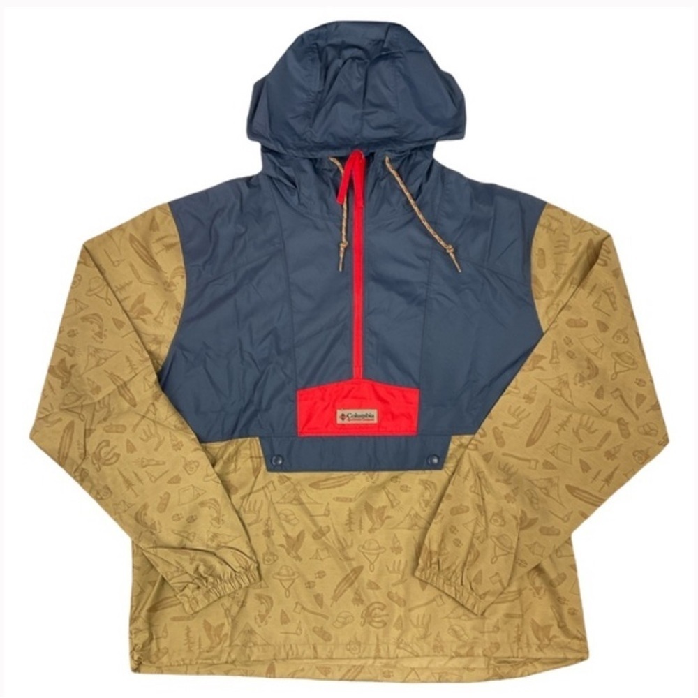 RARE Columbia Retro Kangaroo Pouch Windbreaker Jacket w Camp Pattern Mens Sm